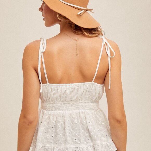 HEM & THREAD White Eyelet Ruffle Peplum Tank Top, Tie Strap Embroidered Cami - Picture 4 of 4